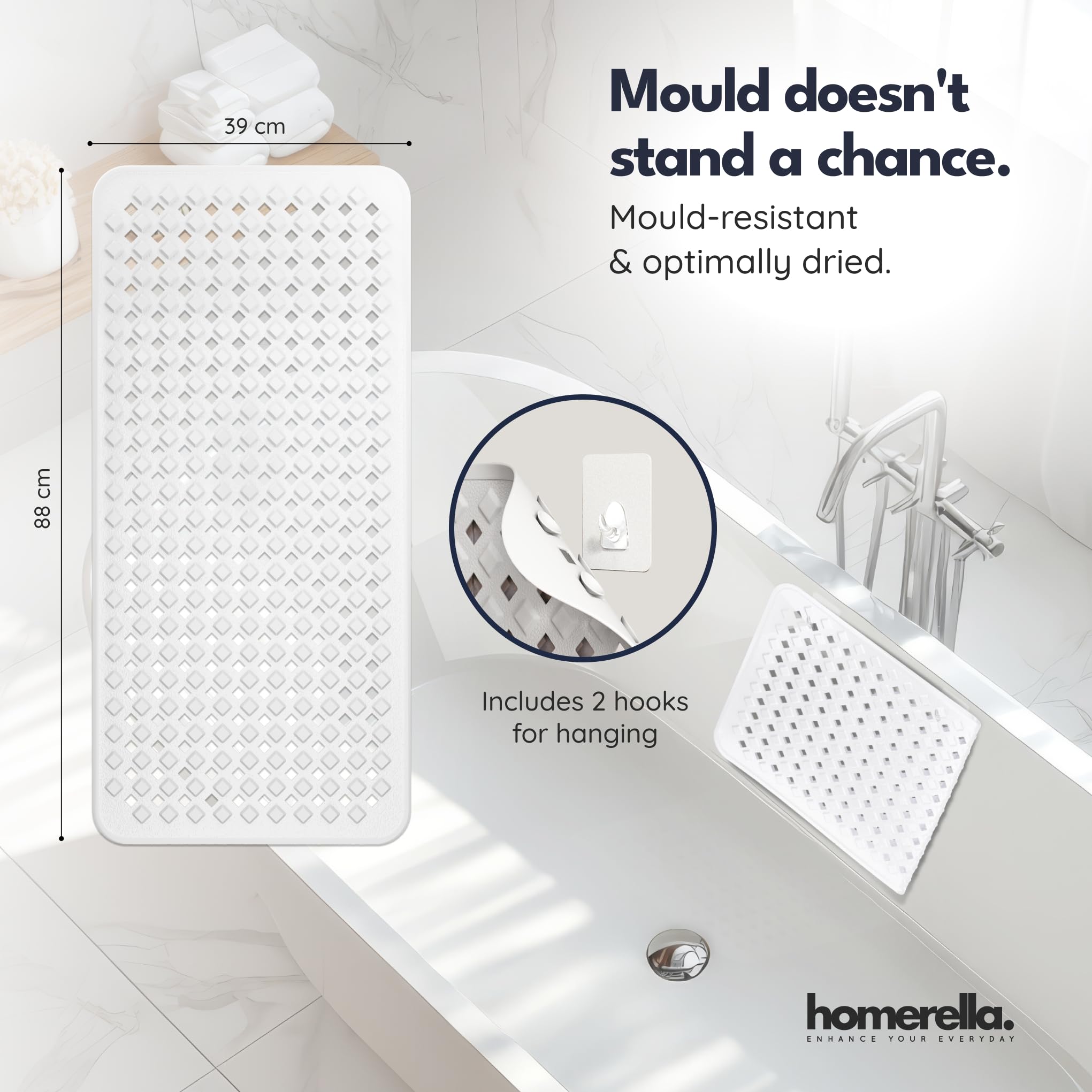 homerella Bath Mat Non Slip Anti Mould 88x39cm Shower Mat Non Slip Bath Mat