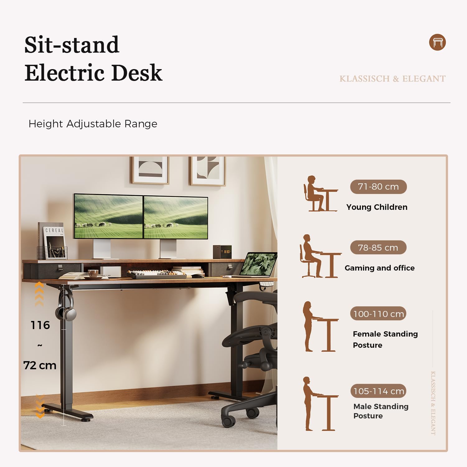 Klicelor Electric Height Adjustable Desk, with 2 Fabric Drawers, 120x60cm
