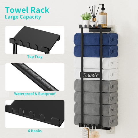 HapiRm Towel Rack Wall Mounted - 6 Hooks with Top Shelf,No Drilling
