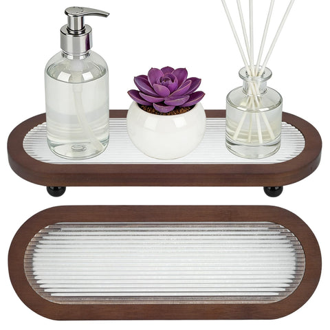 Decorative Serving Tray with Wood Frame and Embossed Clear Acrylic Insert, Oval Shape with Ball Feet, 30x11x3.5cm (Stripe)