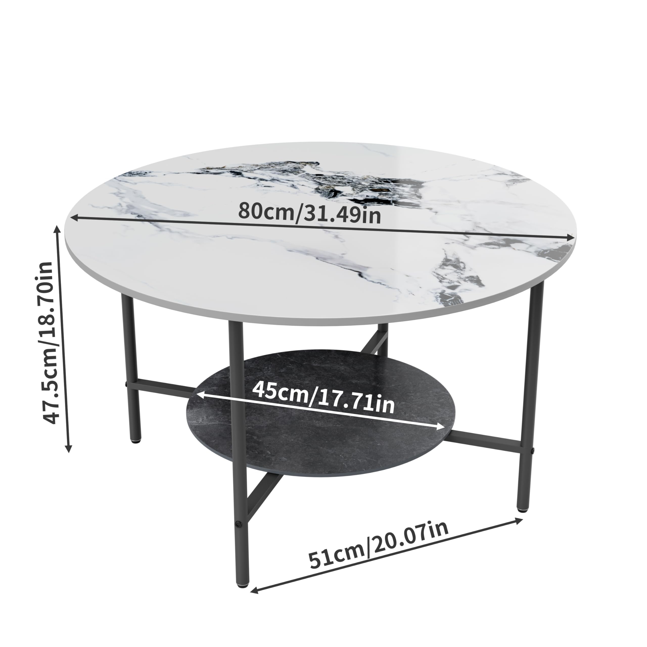 Round Coffee Tables Sintered Stone: 2-Tier Circle Coffee Tables 80 cm White Black Textured Marble Table Top with Sturdy Aluminum Frame Couch Center