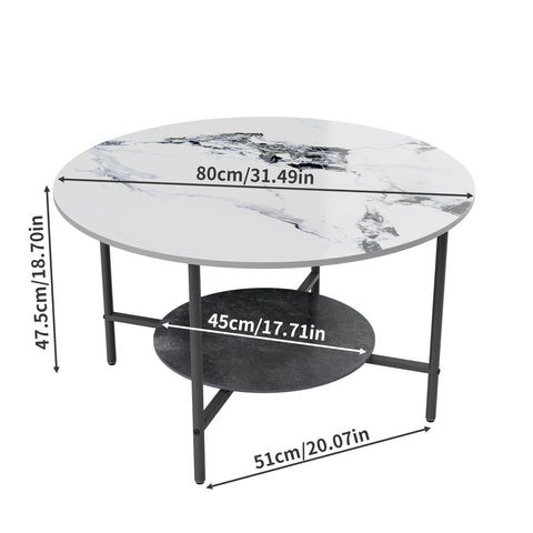 Round Coffee Tables Sintered Stone: 2-Tier Circle Coffee Tables 80 cm White Black Textured Marble Table Top with Sturdy Aluminum Frame Couch Center