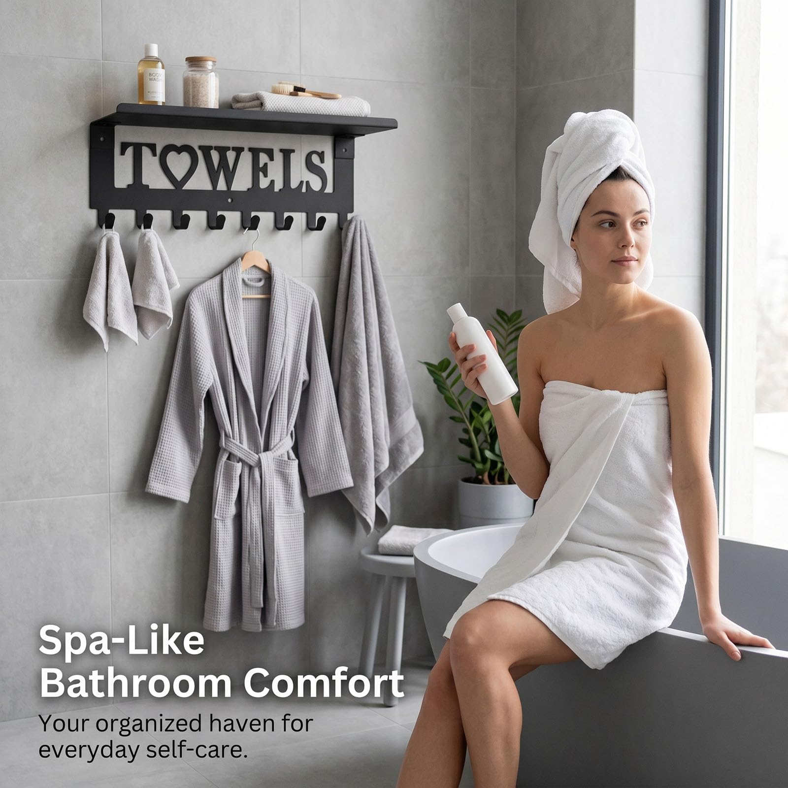 Raoletin Metal Hot Tub Towel Rack Wall Mounted Towel Holder with Shelf and 8 Towels Hooks for Bathrooms