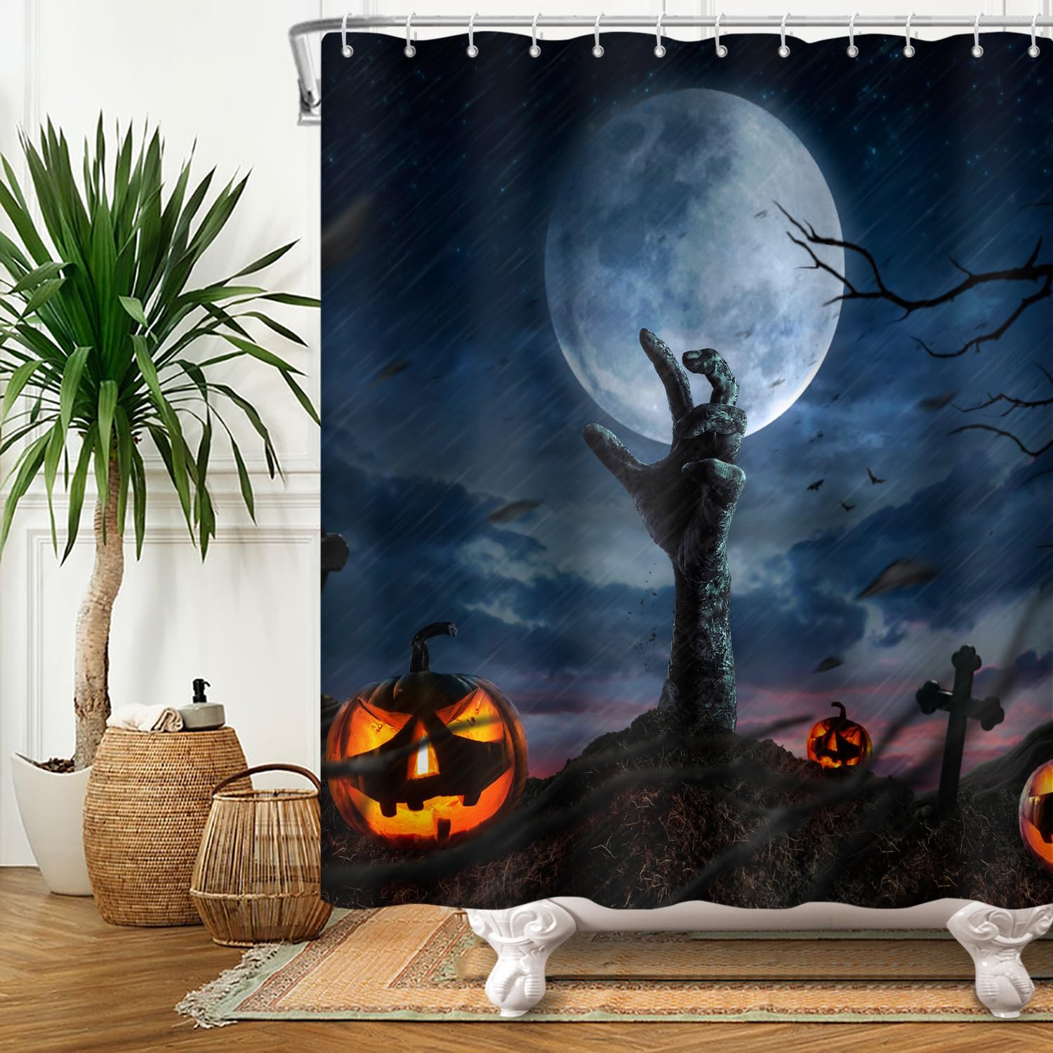 SDOTPMT 140x180cm Halloween Themed Shower Curtain Horror Haunted Hand Pumpkin Lanterns Bath Curtain Creepy Night Moon Bathtub Curtain for Bathroom