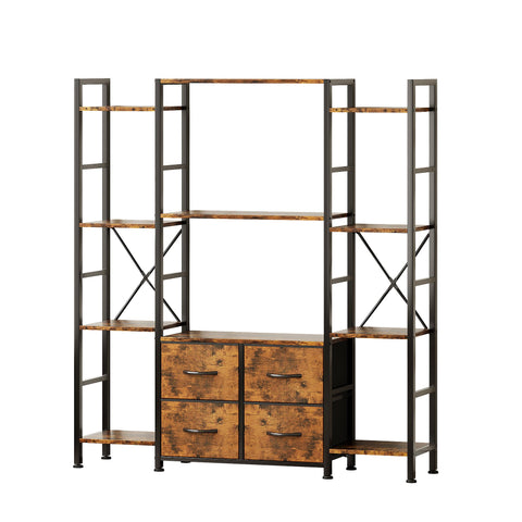 VERMESS 122W x142H cm Triple Book Shelf, 4 Tier Industrial Bookshelf for Home & Office, 47" Wide Large Shelving Unit with 4 Adjustable Fabric Drawers