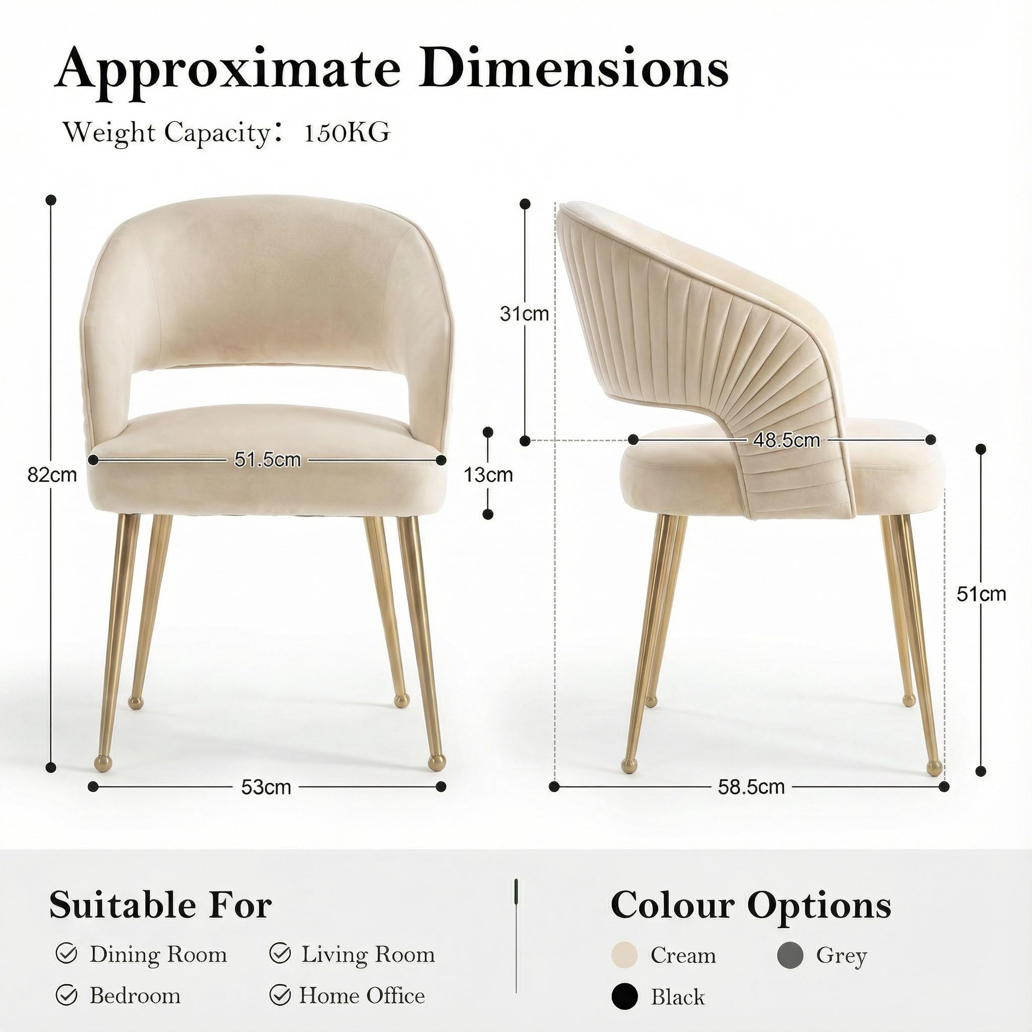 younturn Modern Velvet Upholstered Dining Chairs Set of 2, Comfortable Padded Kitchen Chairs with Armrests