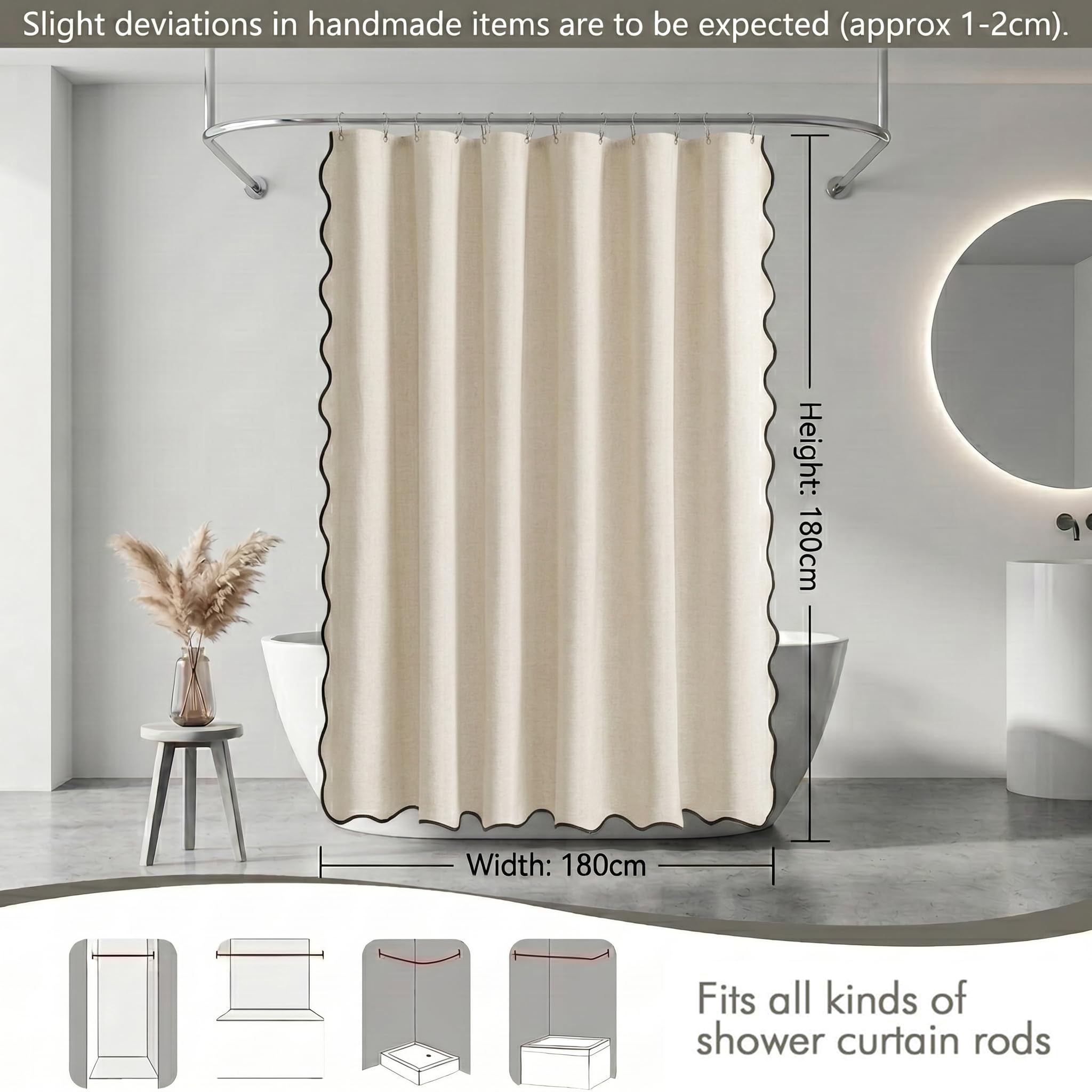 Bingobang Shower Curtain Scalloped Linen Waterproof Anti Mould, Beige/Cream