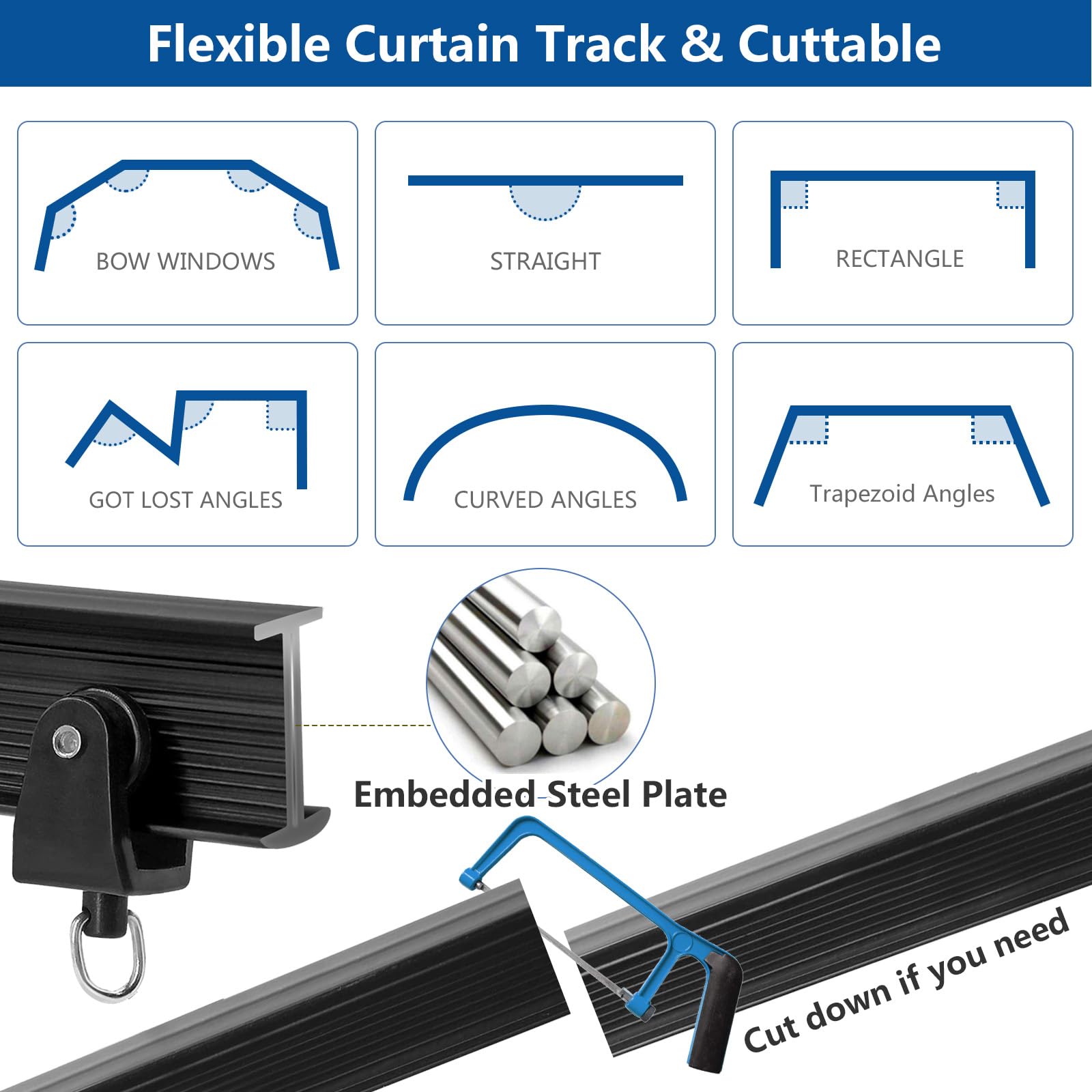 Ceiling Curtain Track, Flexible Bendable Curtain Track 10Ft Black Curved Curtain Rail Ceiling Wall Mount Curtain Sliding Track System Set for RV