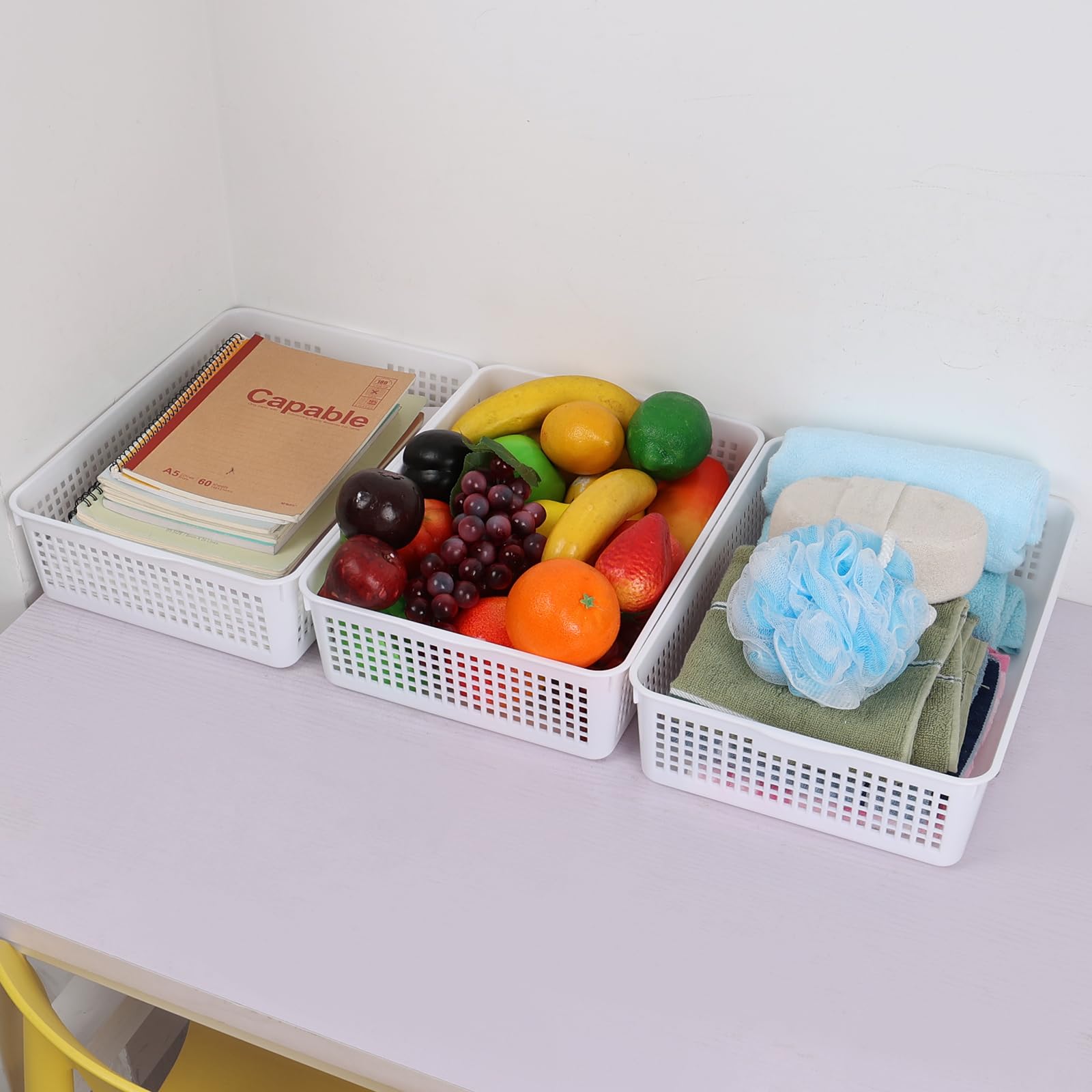 Easymanie A4 Paper Size Plastic Storage Baskets for Desktop, White, 6 Packs
