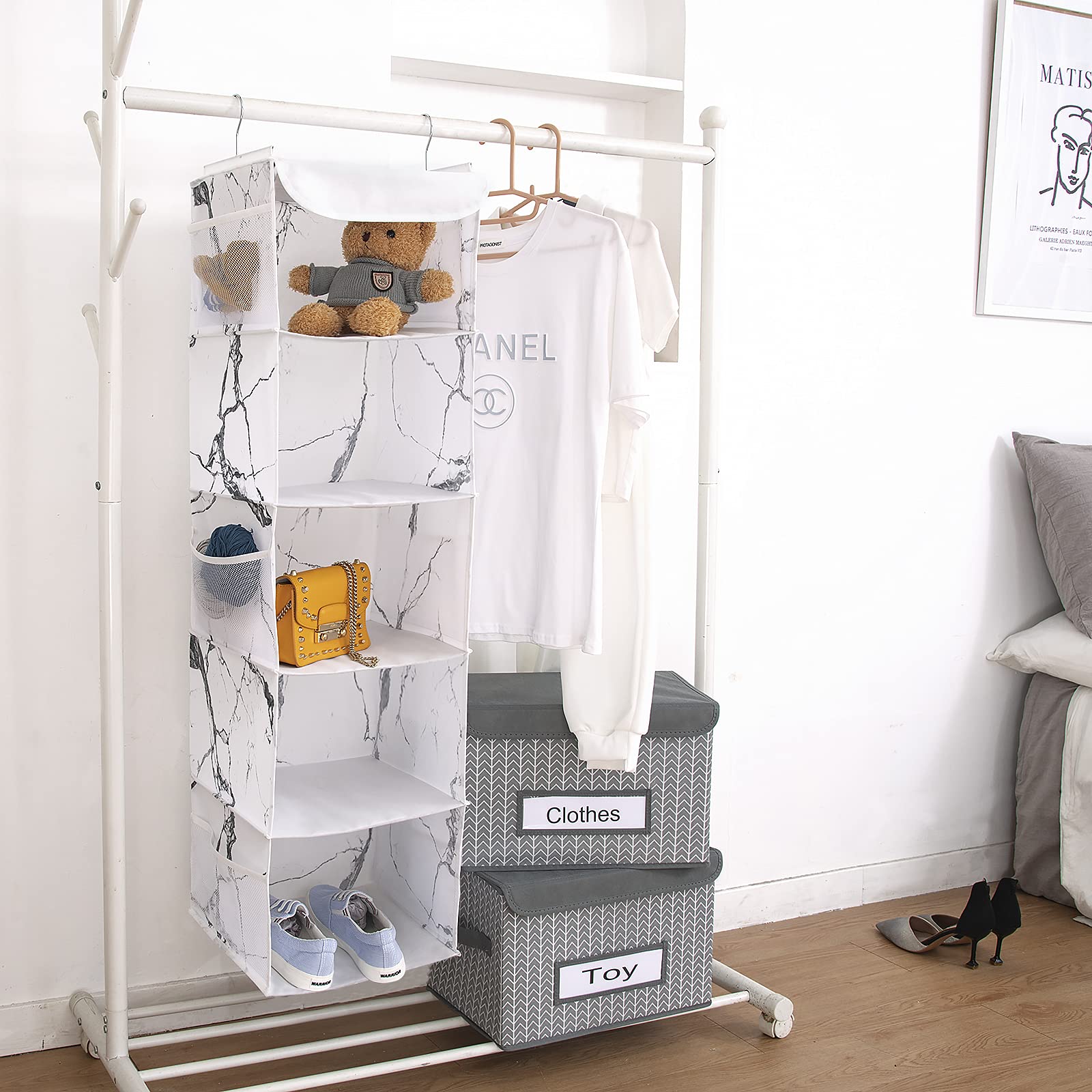 BrilliantJo Hanging Storage with 5 Shelves Wardrobe Closet Organiser, Storage Shelves Unit with 6 Pockets for Clothes - marblizing(30 x 30 x 108cm)