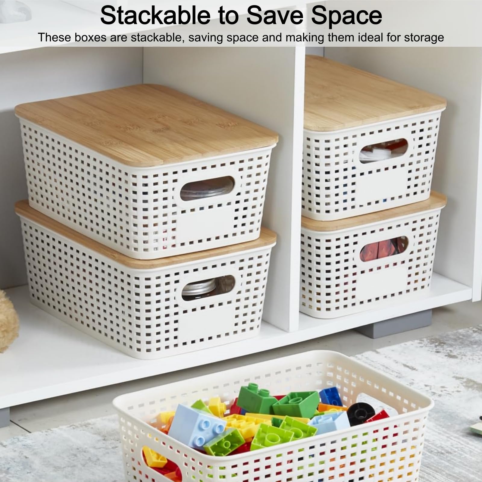 VIIHTYISA Plastic Storage Box with Bamboo Lid, Stackable Storage Baskets, Organizing Box for Shelves, Drawers, Desks, Cabinets, Playrooms and Offices