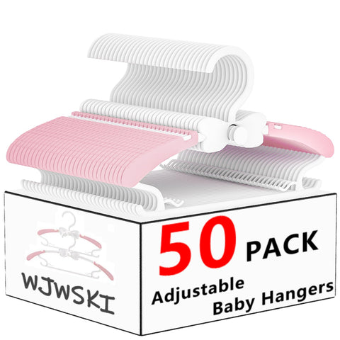 WJWSKI Children's Clothes Hangers, 29-37 cm, Growing Children's Hangers, Pack of 50, Stackable Baby Hangers with Trouser Stand, Space-Saving