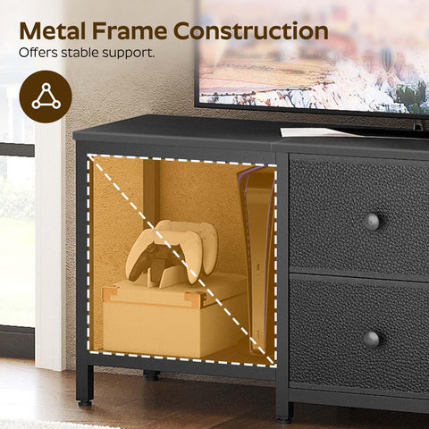 YATINEY TV Stand Cabinet for TVs up to 55'', Media Console with Shelves and 2 Drawers, Metal Frame, for Living Room, Bedroom, 120 x 30 x 50 cm