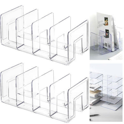 Panavage | Book Stand, Transparent Desk File Organiser with 4 Slots – Space-Saving Desktop Storage for Books, Documents, Files, CDs & Magazines
