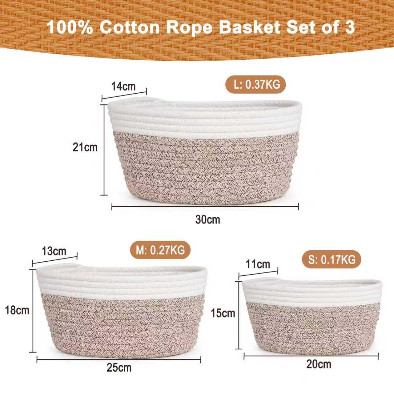 Purecas Braided Cotton Rope Storage Baskets 3-Piece Set Stackable Organiser Baskets for Nursery Changing Table Living Room & Bathroom(Brown 3 Size)