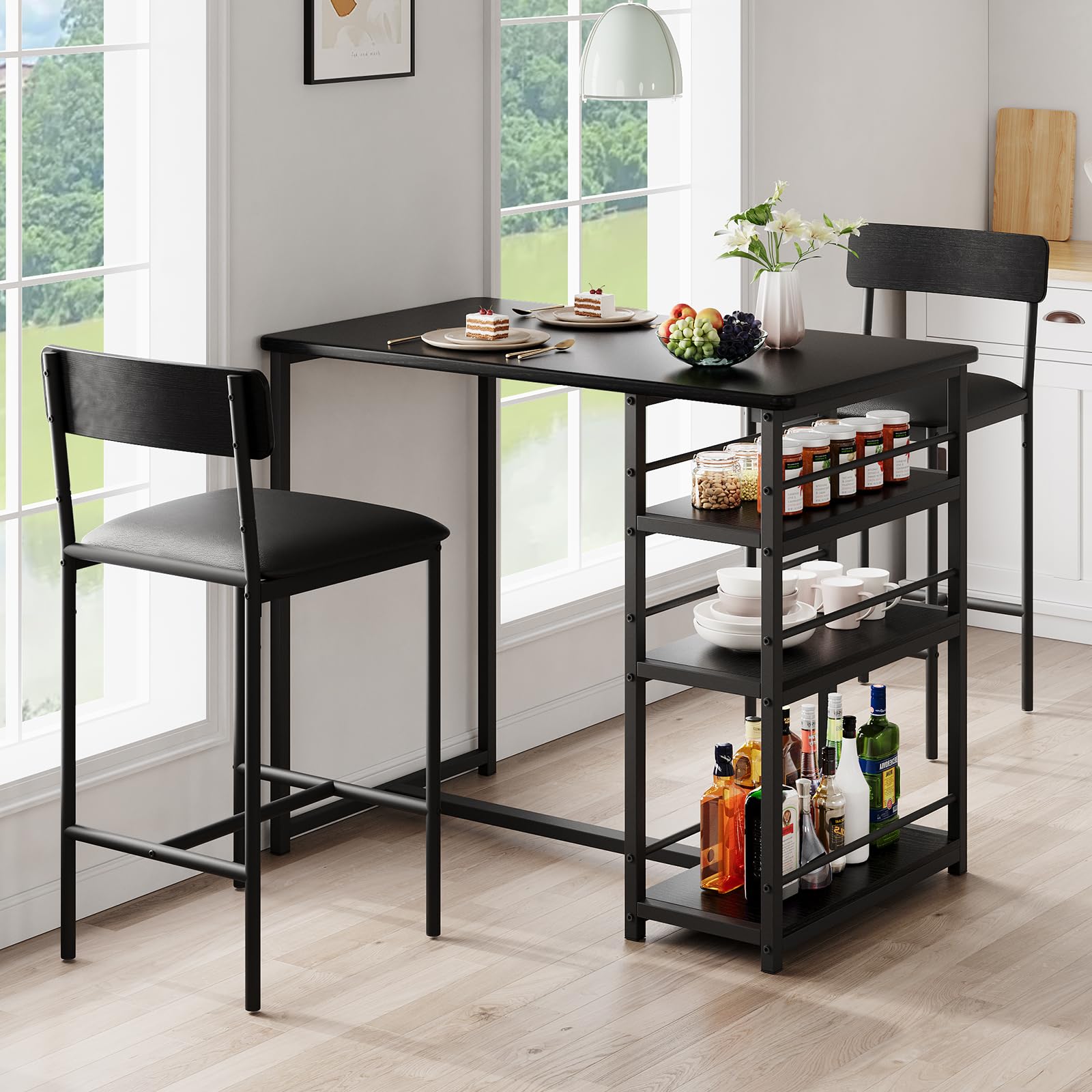 Crevyteg Compact 3-Piece Breakfast Bar Set for Small Spaces - Includes Storage Shelf Table & 2 High-Back PU Leather Stools
