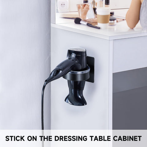 YYBO Hair Dryer Holder Wall Mount, Hairdryer Holder Station for Hair Dryer Storage, Adhesive Hairdryer Stand Rack for Dressing Table Bathroom (Black)