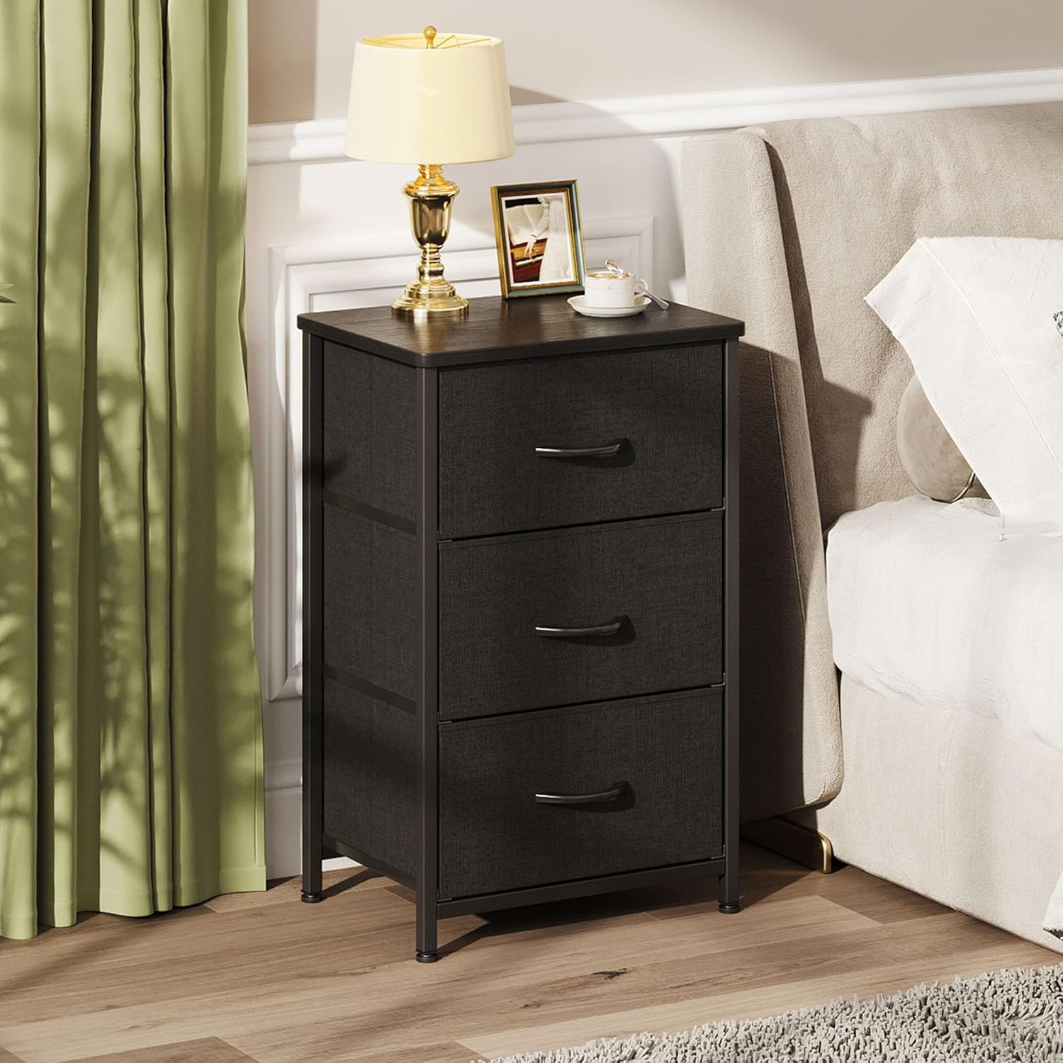 VERMESS Bedroom Chest of Drawers, 3 Fabric Drawer Dresser, Bedside Table, Small End Table for Living Room, Wooden Cabinet Bedside