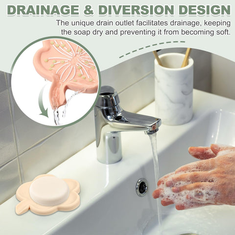 sourcing map Silicone Soap Dish with Drain Spout, Portable Self Draining Flower Shape Soap Saver Holder for Bathroom Kitchen Sink, Green