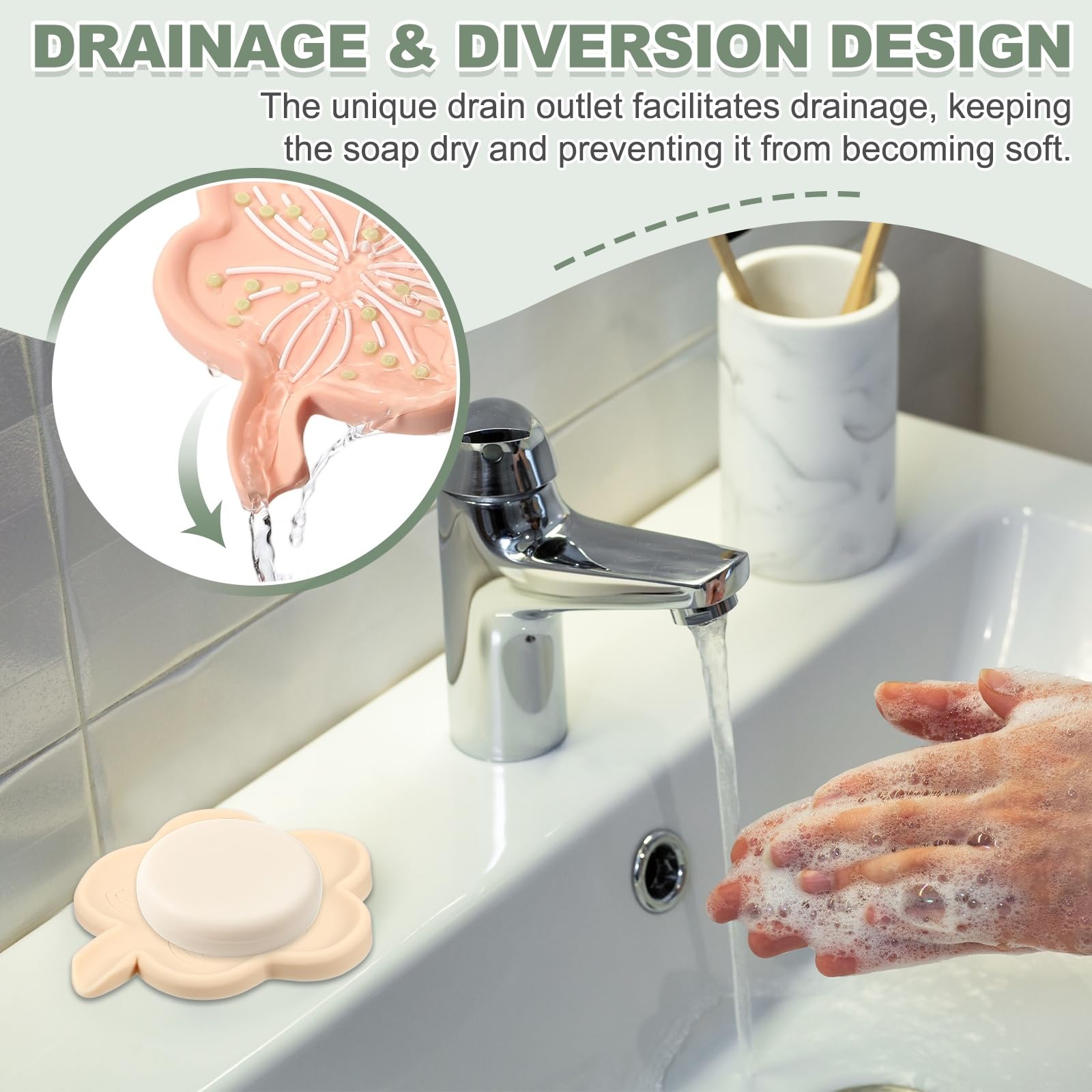 sourcing map Silicone Soap Dish with Drain Spout, Portable Self Draining Flower Shape Soap Saver Holder for Bathroom Kitchen Sink, Gray