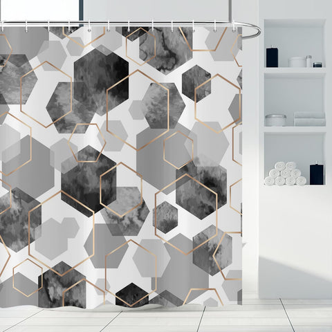 ASDCXZ Gray Duschvorhang 180x200 cm, Modern Abstract Art Geometric Gray Gold Hexagon Pattern Waterproof Bath Curtain Polyester Textile Washable