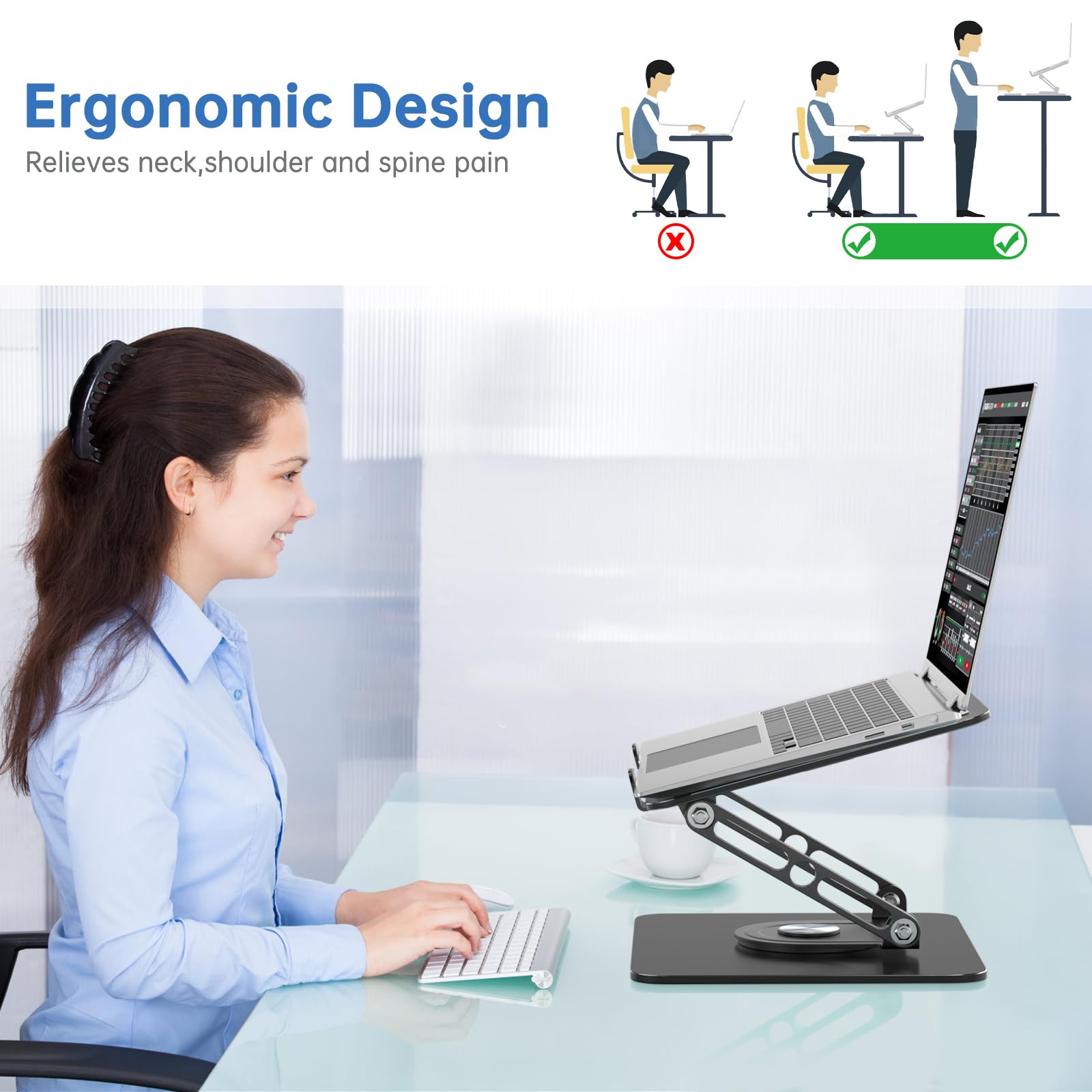 GleYo Laptop Stand for Desk Adjustable Computer Stand with 360 Rotating Base Ergonomic Laptop Riser Mount for Desk Foldable Protable Computer Desk