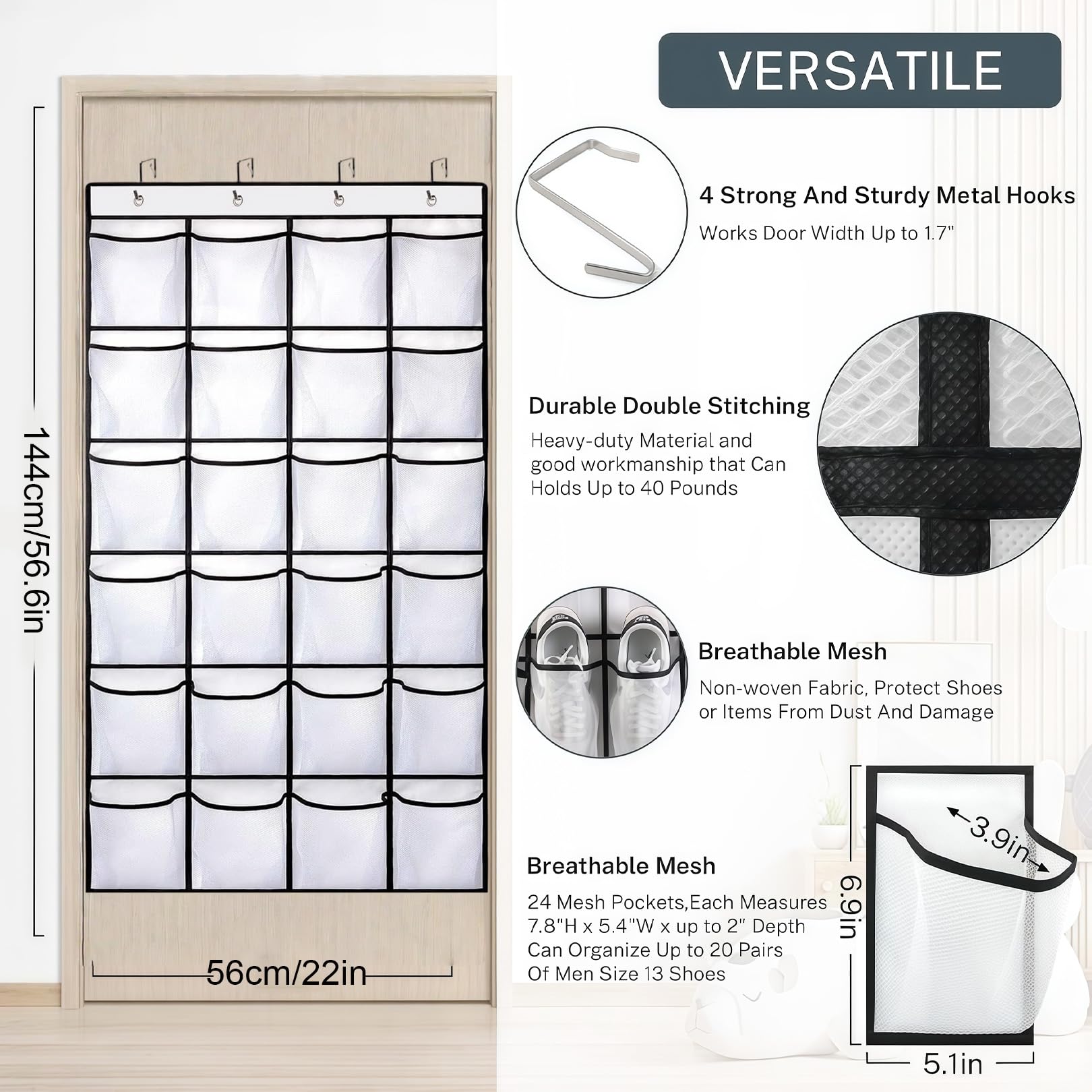 SOPSTUO Hanging Shoe Storage, Over Door Shoe Storage, Door Shoe Rack, 24 Breathable Mesh Huge Pockets