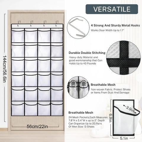 SOPSTUO Hanging Shoe Storage, Over Door Shoe Storage, Door Shoe Rack, 24 Breathable Mesh Huge Pockets