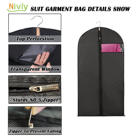 Niviy Suit Bags 60 x 100 cm, Black Garment Covers with Zip & Clear Window