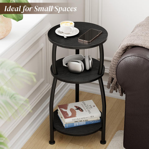 Yuede Round Side Table, 3 Tier Slim Round Coffee Table, Small End Table with Storage Shelf, Bedside Table, for Living Room, Bedroom, Small Space