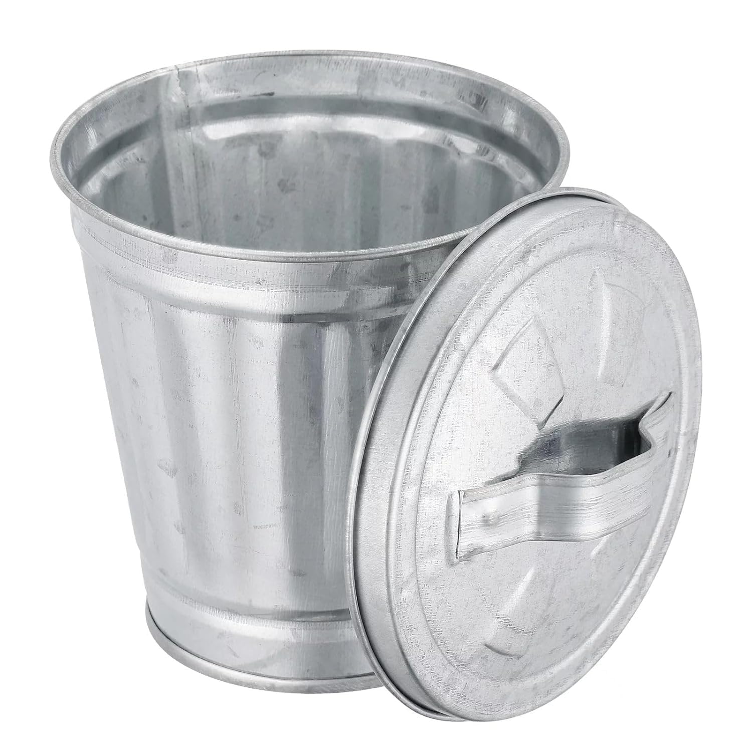 Dwang Silver Mini Galvanized Trash Can with Lid Mini Wastebasket Trash Can Small Metal Buckets Minis Tabletop Trash Metal Rubbish Bin Flower Pot Pen