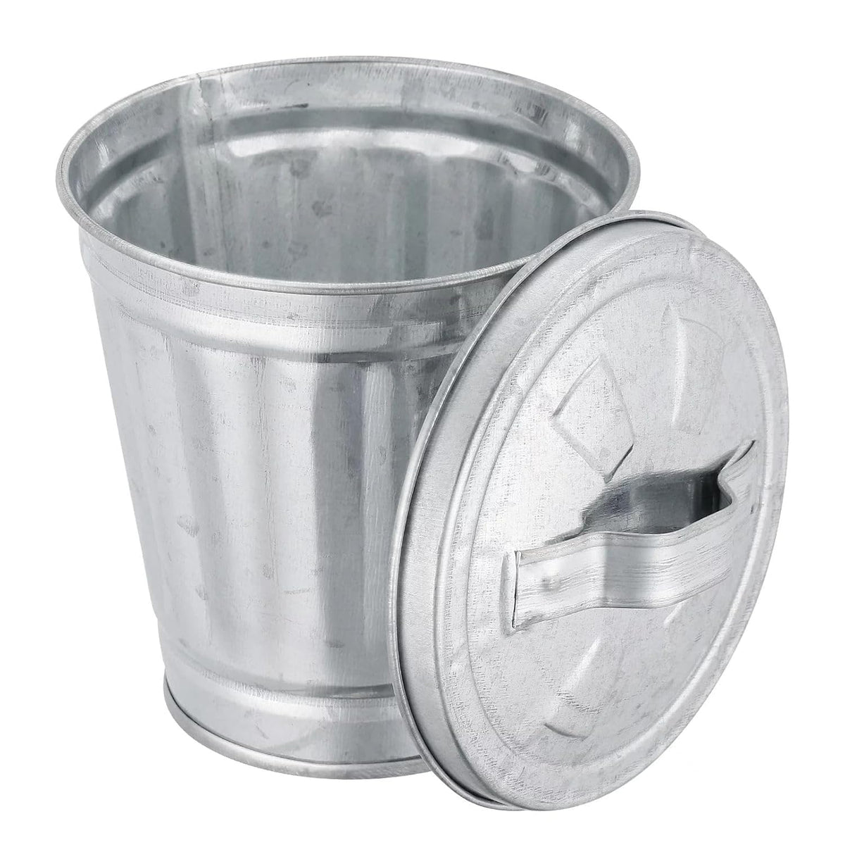 Dwang Silver Mini Galvanized Trash Can with Lid Mini Wastebasket Trash Can Small Metal Buckets Minis Tabletop Trash Metal Rubbish Bin Flower Pot Pen