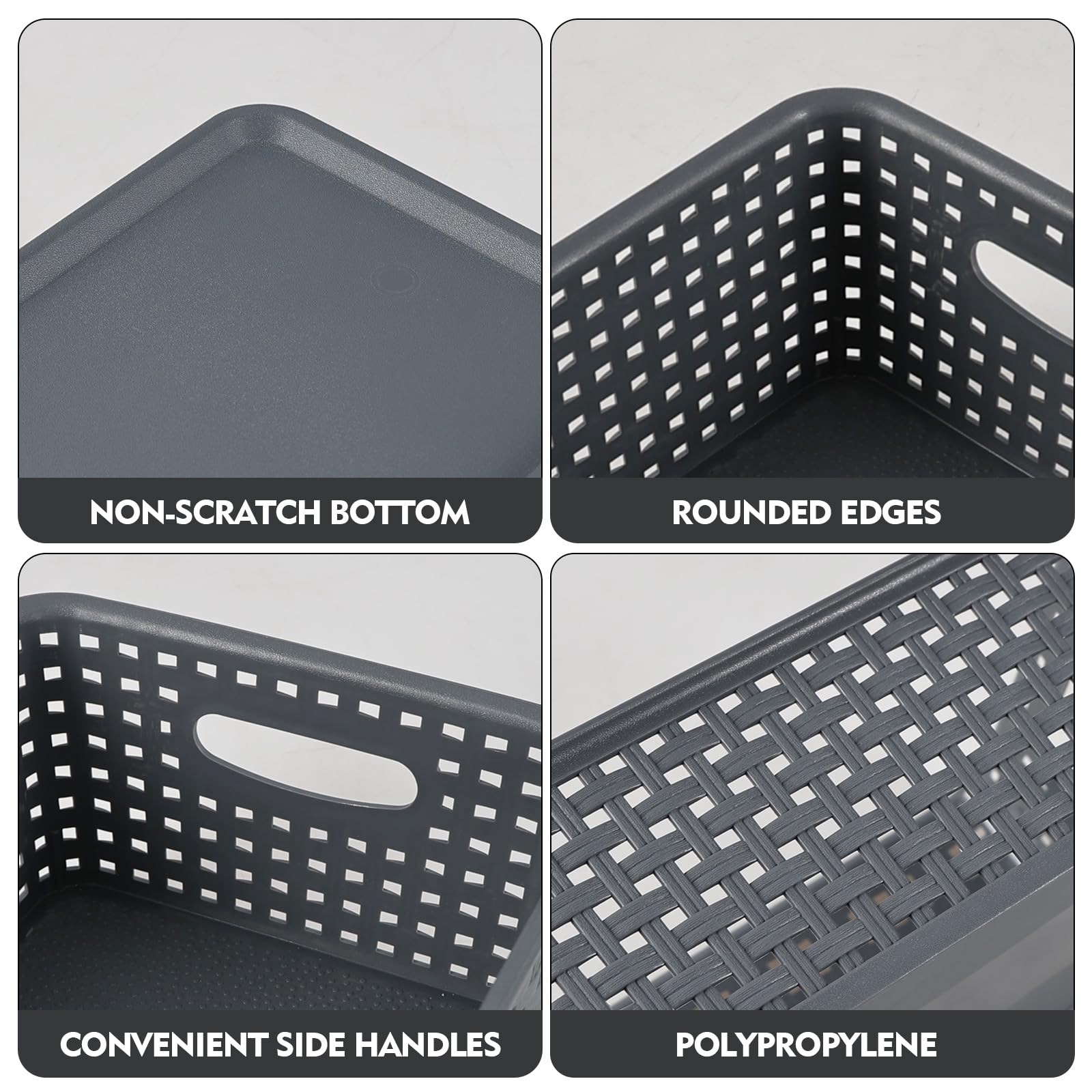 Bringer 6 Pack Plastic Woven Storage Basket with Lid, Stackable Lidded Storage Bins for Bathroom Kitchen Pantry Classroom, Grey