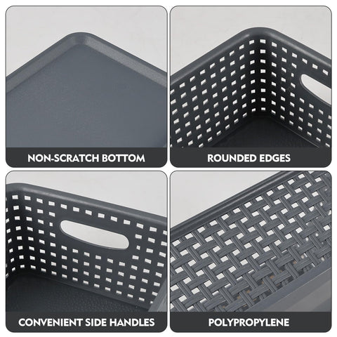 Bringer 6 Pack Plastic Woven Storage Basket with Lid, Stackable Lidded Storage Bins for Bathroom Kitchen Pantry Classroom, Grey