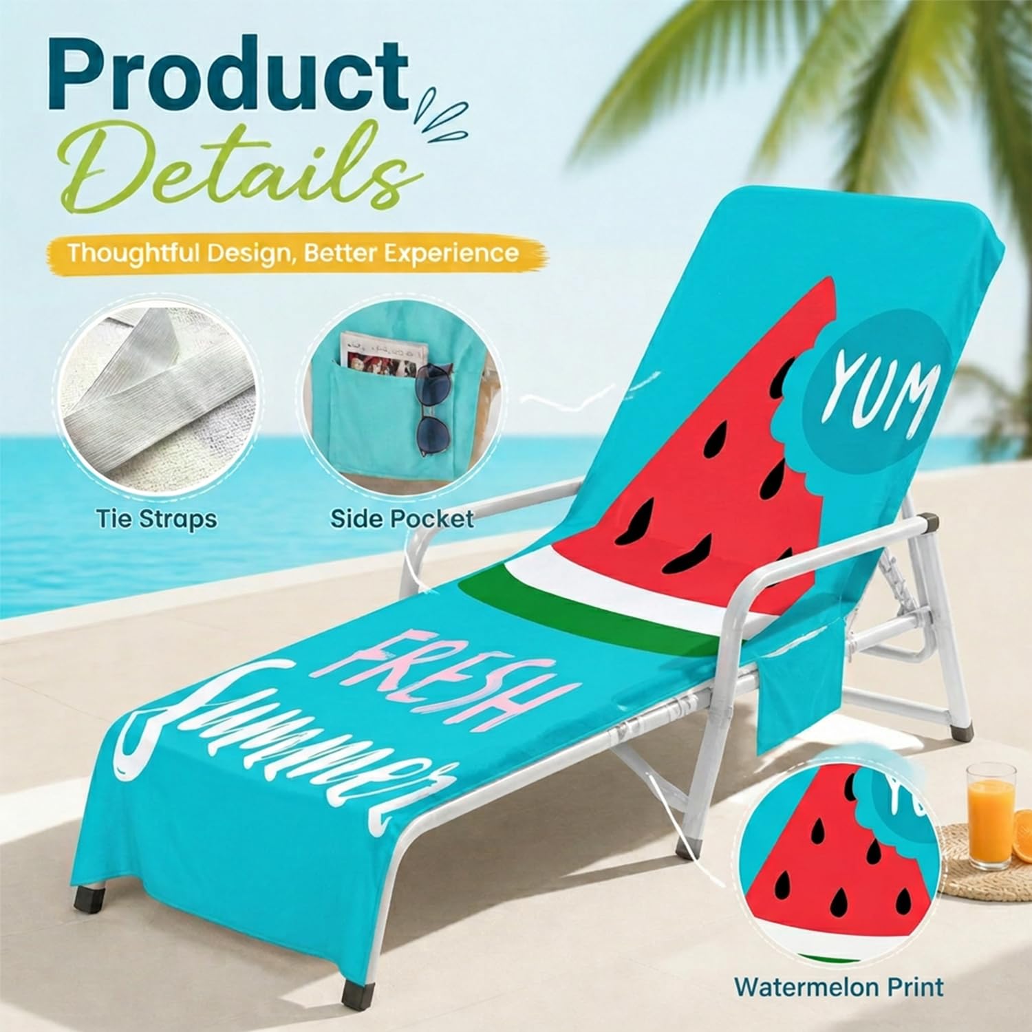 Surwin Sun Lounger Towel with Pockets, 3D Juice Print Quick Dry Beach Towel, Microfiber Sunbed Towels Travel Lounger Bag for Loungers Summer Holiday