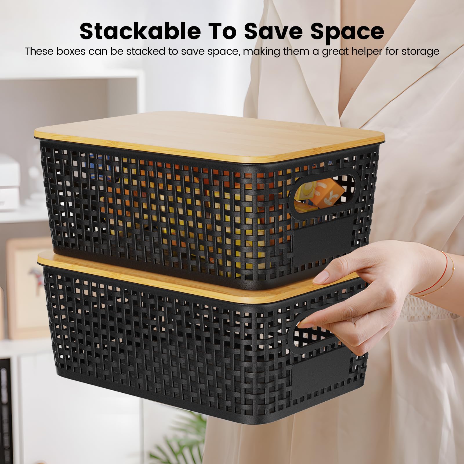 Shrivee Set of 3 Black Rectangular Bamboo Lid Storage Boxes, 5L Capacity, Stackable, Ventilated, Kitchen Storage Boxes for Shelves, Cupboards, Home