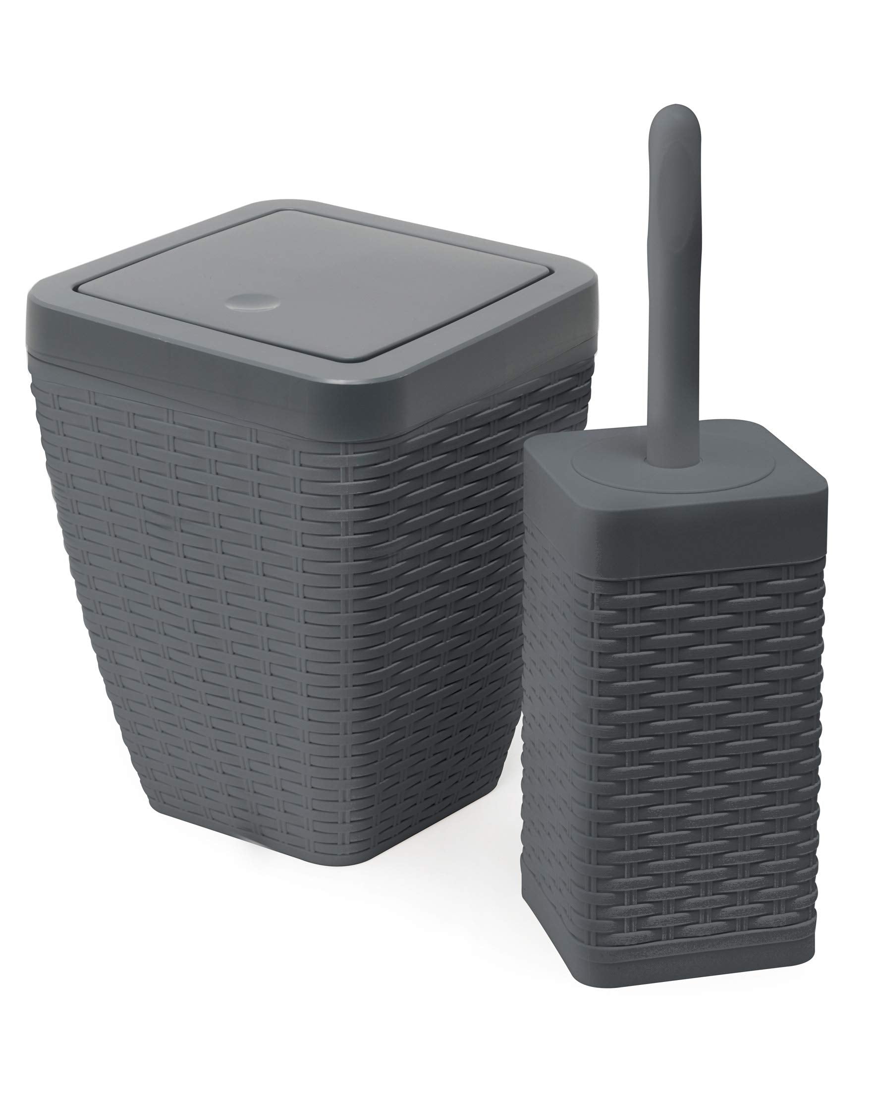 Addis Faux Rattan Square Bathroom Set Includes Swing Bin & Toilet Set Brush, Calico Linen - Faux Leather Plastic, Charcoal