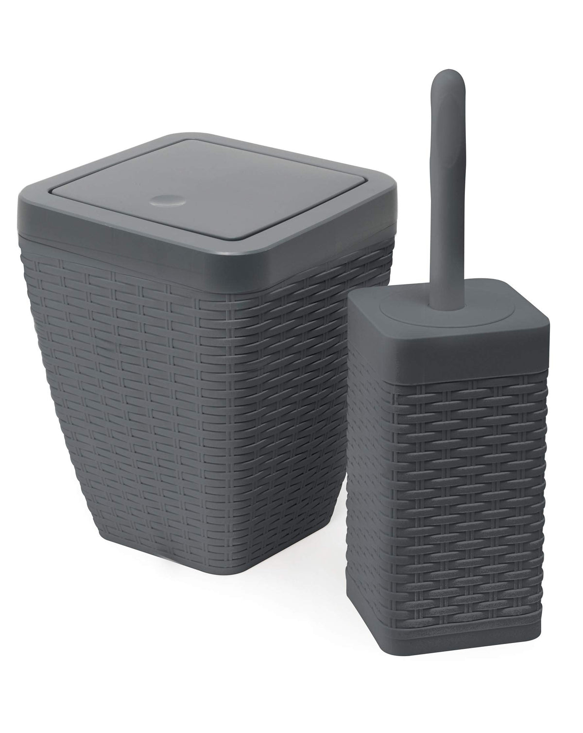Addis Faux Rattan Square Bathroom Set Includes Swing Bin & Toilet Set Brush, Calico Linen - Faux Leather Plastic, Charcoal