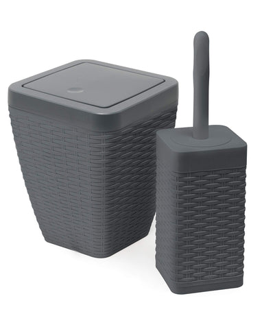 Addis Faux Rattan Square Bathroom Set Includes Swing Bin & Toilet Set Brush, Calico Linen - Faux Leather Plastic, Charcoal