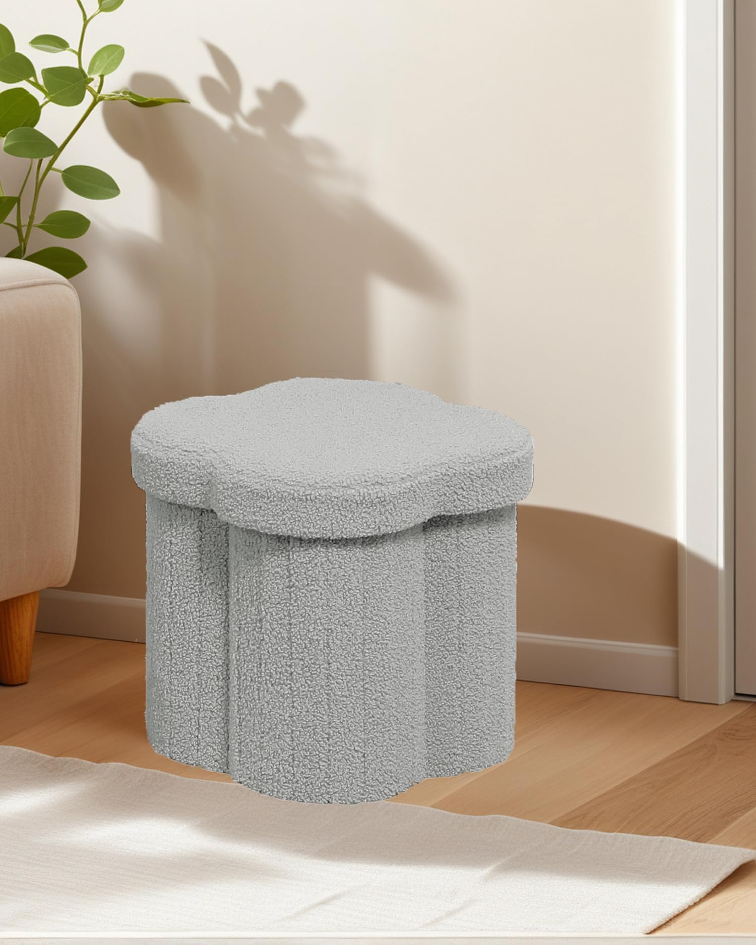 Bonlife Grey Ottoman Storage Box,Folding Storage Seat Box,Small Footstool For Living Room,Kid's Toy Chest Box,Teddy Flower Shape,32x32x32cm