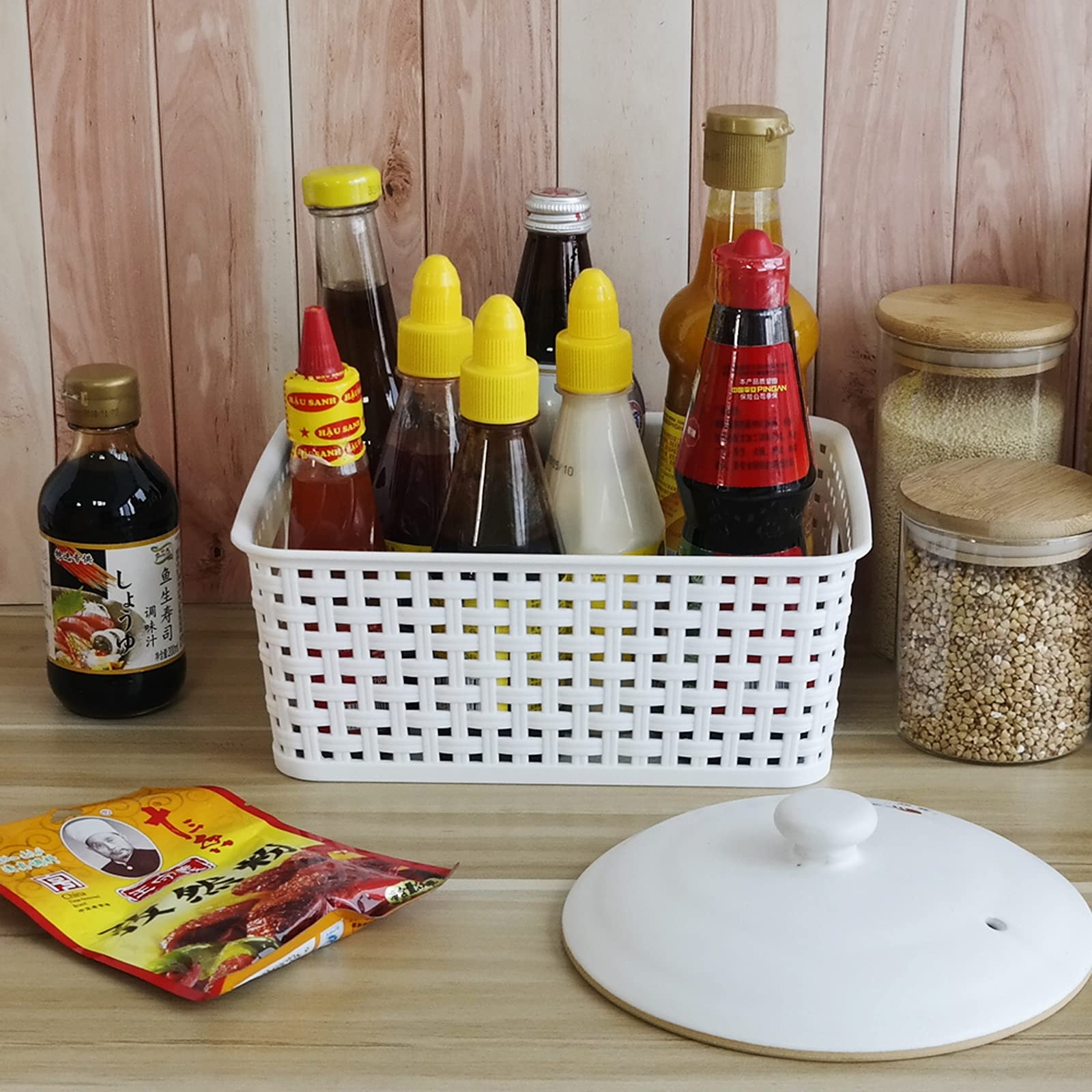 Easymanie 6-pack Plastic Woven Rattan Storage Basket, White