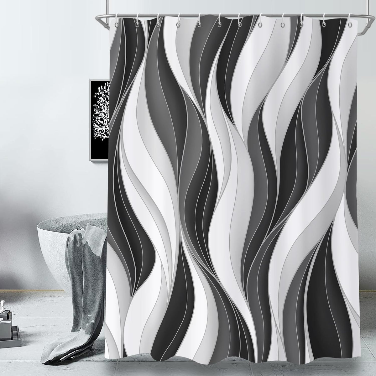 GCIREC Shower Curtain, 180x200cm, Modern Abstract White Black Grey Ombre Striped Minimalist Art Waterproof Fabric Machine Washable Bathroom Curtain