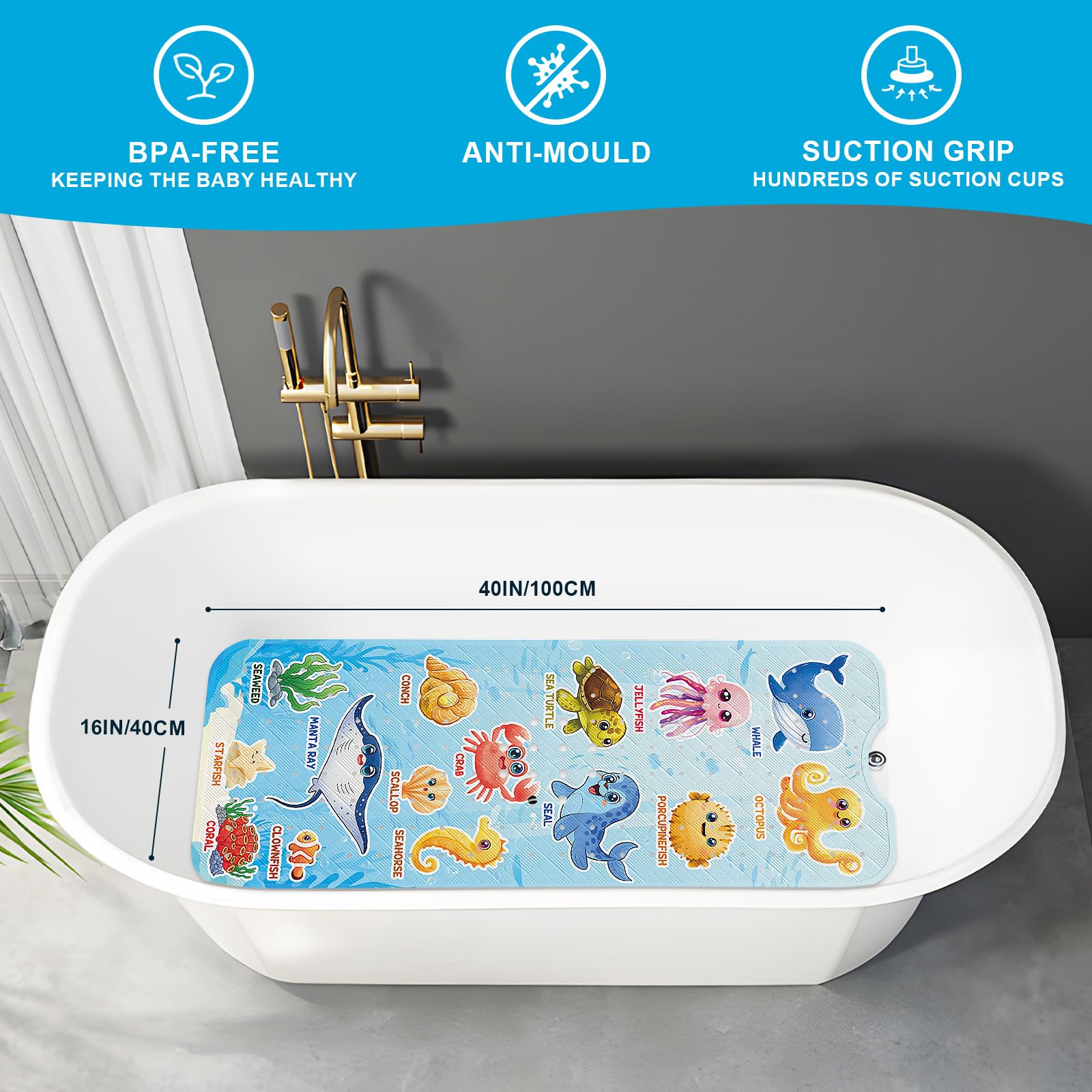 XIYUNTE Baby Bath Mat Non Slip Anti Mould Kids - 100x40cm Extra Long Anti Slip Bathtub Mat Machine Washable