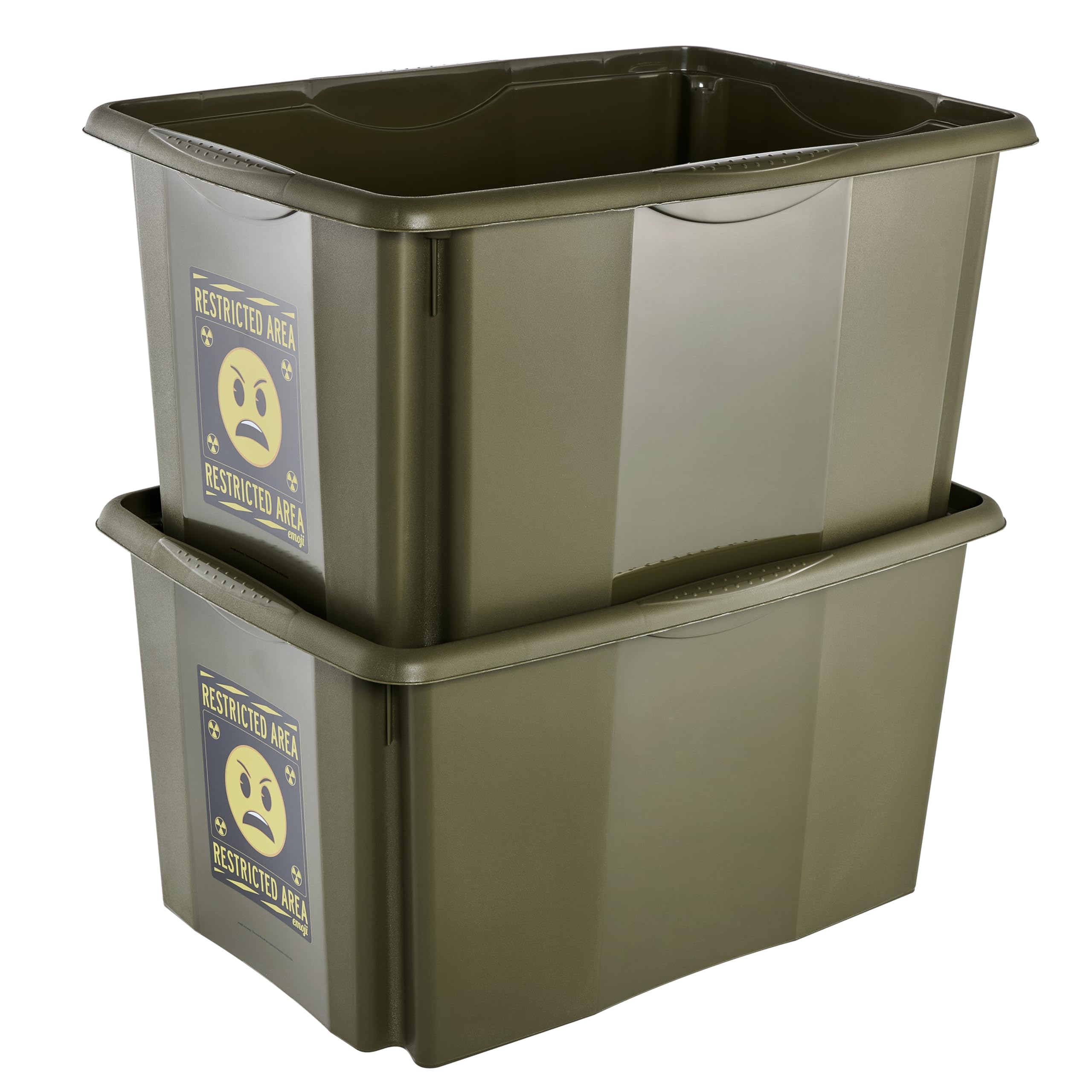 keeeper karolina storage box with lid, 45 l, stackable and nestable, Emoji Danger design, For children, Olive green (Olive)