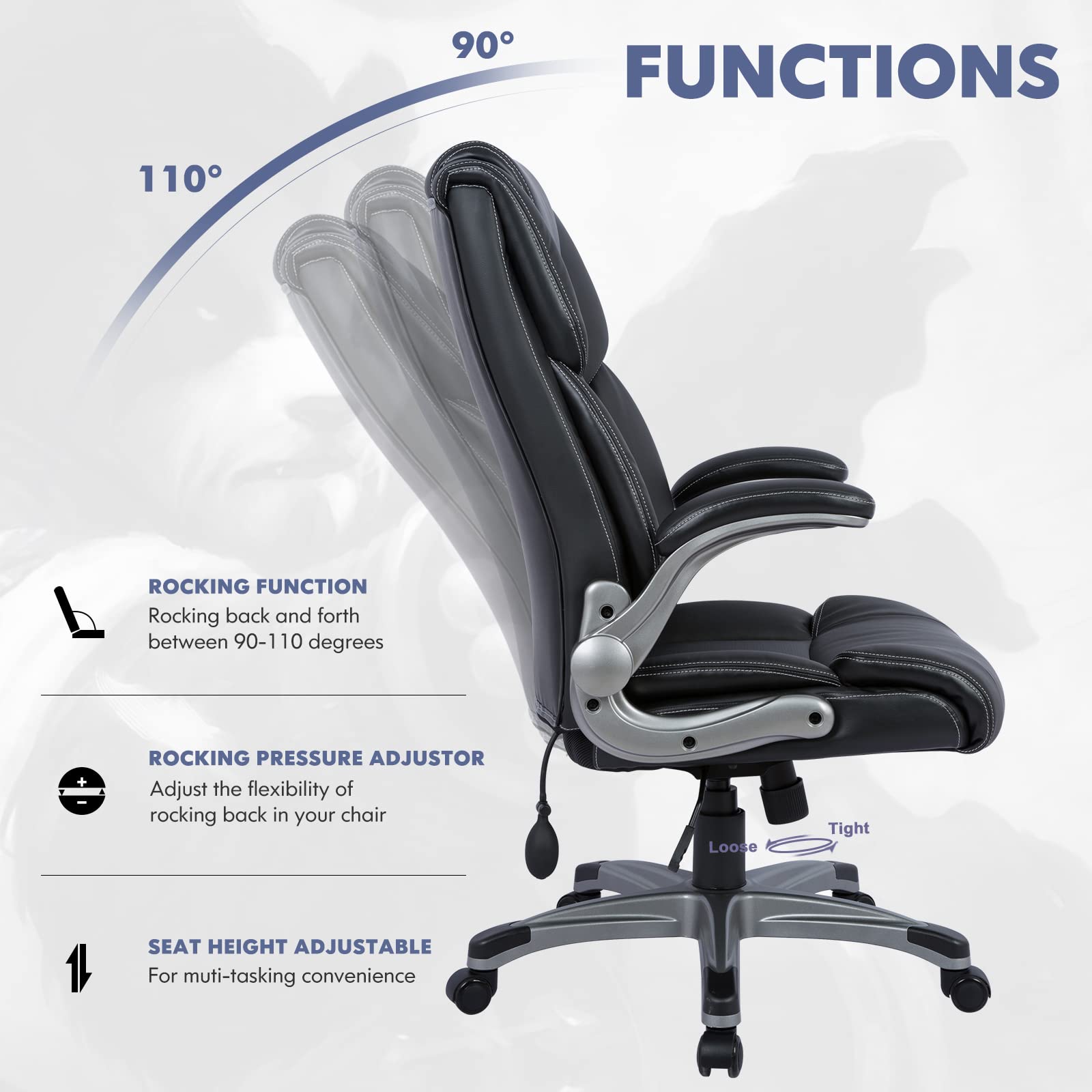 COLAMY High Back Executive Office Chair- Ergonomic Home Computer Desk Leather Chair with Padded Flip-up Arms, Adjustable Tilt Lock