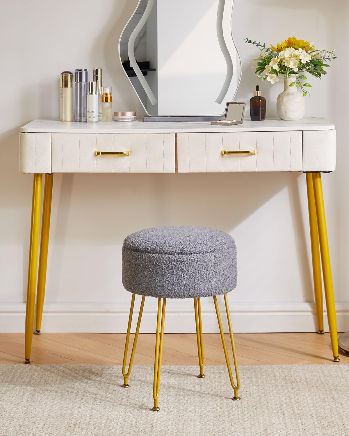 IBUYKE Makeup Vanity Stool, Teddy Velvet Storage Ottoman, Gray WBD010G