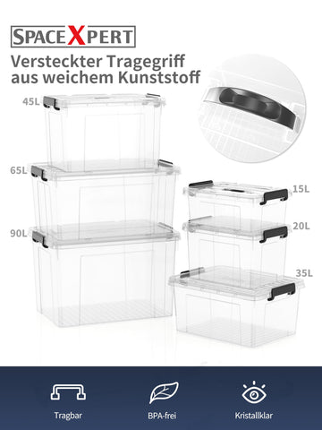 SpaceXpert Storage Boxes with Lid 15L, Plastic Storage Box with Handle, Stackable Container for Home Office Garage Accessories, Hand-Carryable Bin