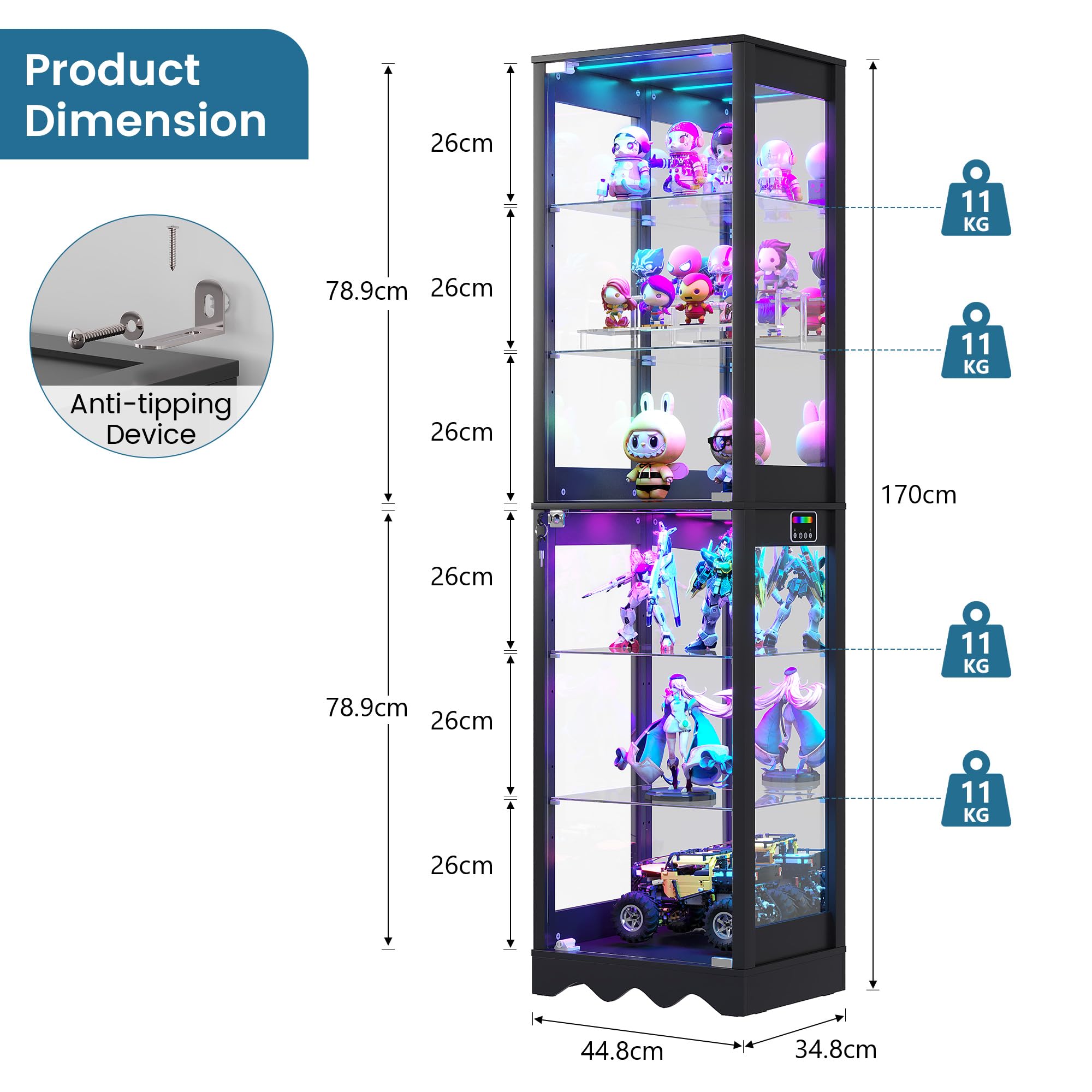 FREDEES Glass Display Cabinet with RGB Lights, 6 Tiers, Black
