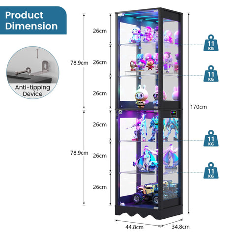 FREDEES Glass Display Cabinet with RGB Lights, 6 Tiers, Black