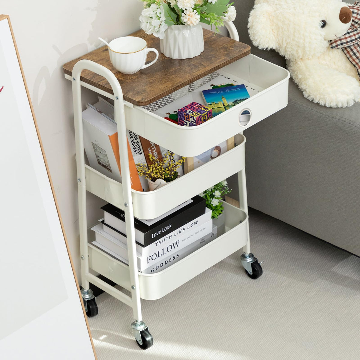 DOEWORKS Storage Trolley on Wheels Metal 3-Tier Rolling Trolley with Drawer